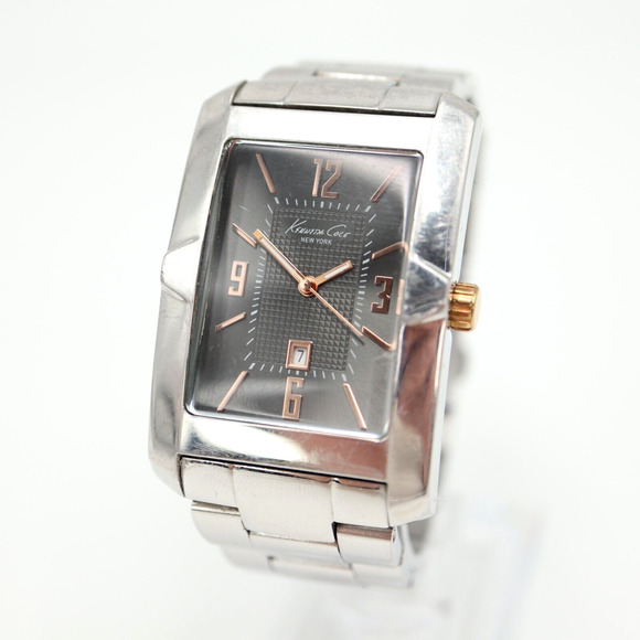Kenneth Cole Mens Tank Watch 30mm Date Gray Dial Stainless Steel KC9295 Working - Picture 1 of 16